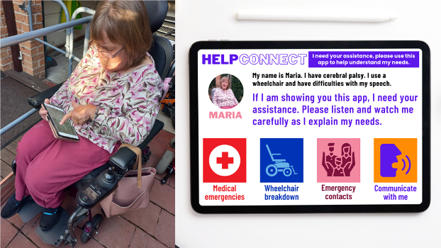 An image of Maria using an iPad, and an image of a mock-of of her proposed app, called Help Connect. Help connect would include features such as Medial Emergency, Emergency contacts, and Communicate with me.