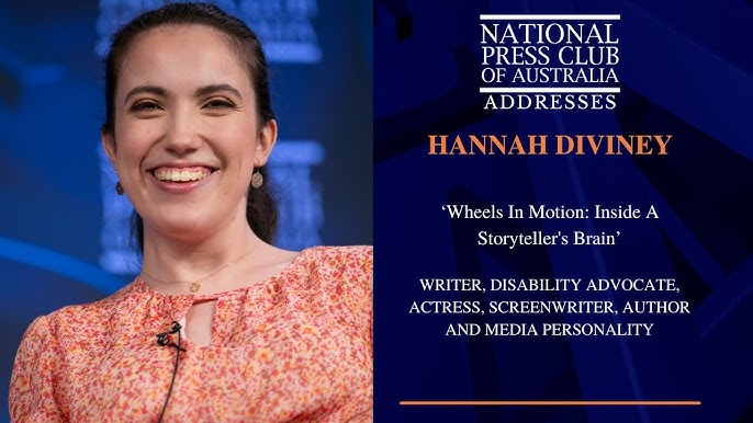 An image of Hannah Diviney in an orange and pink floral, summer dress. The words: National Press Club of Australia Addresses, Hannah Diviney titled 'Wheels in Motion: inside a storyteller's brain.'